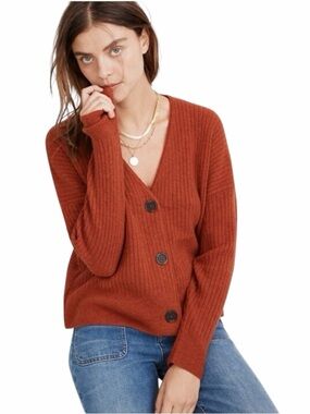 Madewell Cameron Ribbed Cardigan Sweater in Coziest Yarn Rust Size M #2138